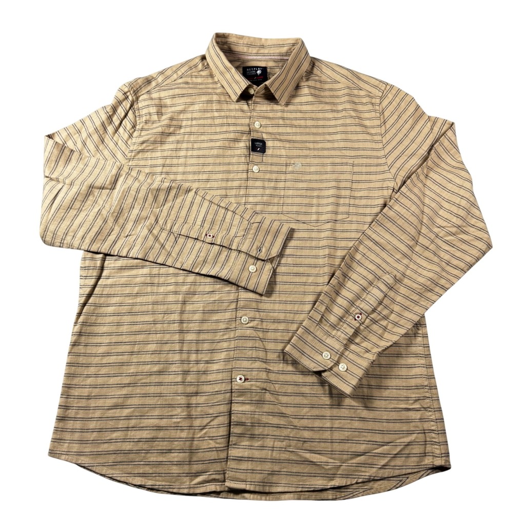 Netplay Button Down Shirt Men Large Khaki Striped Slim Fit Cotton TF23FMSCNY2863